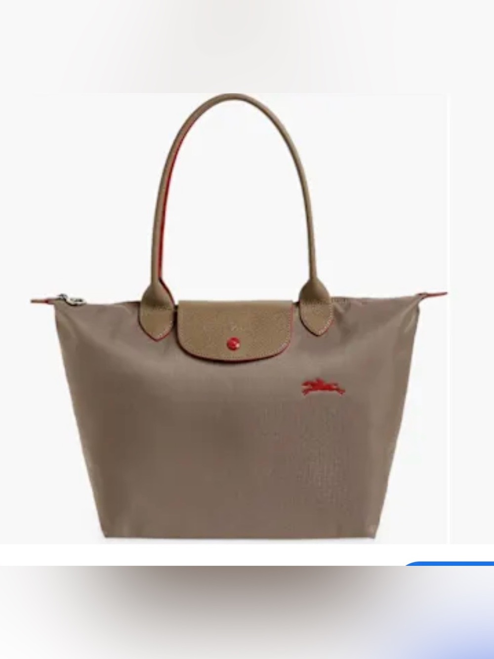 Longchamp Taupe Nylon Le Pliage Tote with Red Trim